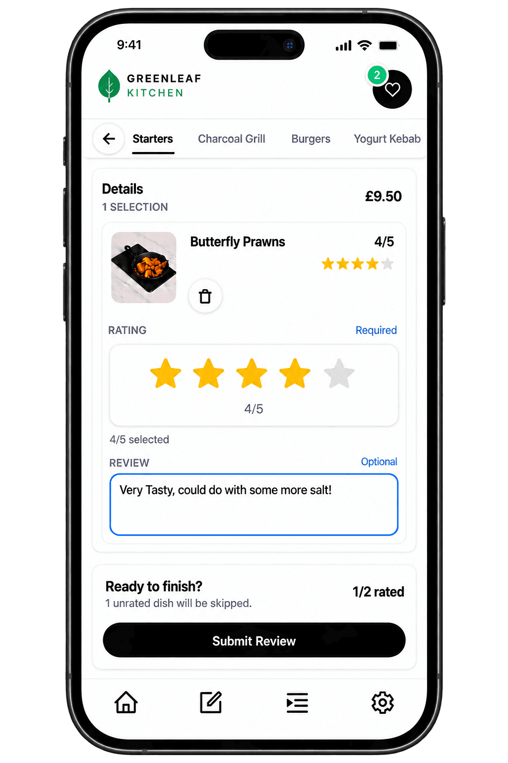 Whats Good dish review screen where a customer rates a dish