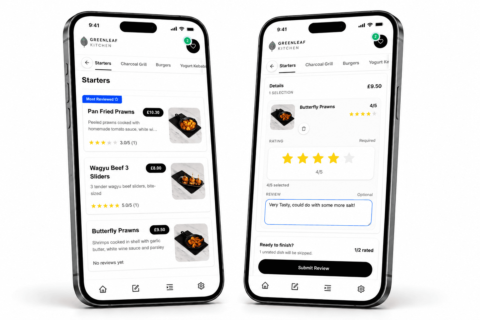 Whats Good mobile screens showing live customer reviews and menu insights for a restaurant