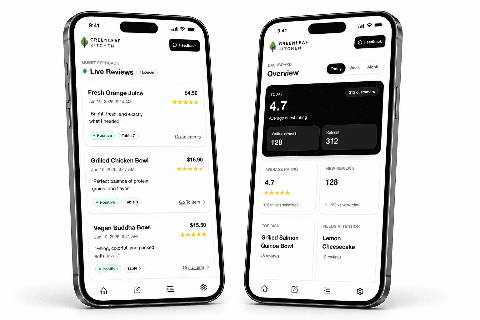 Whats Good mobile screens showing live customer reviews and menu insights for a restaurant